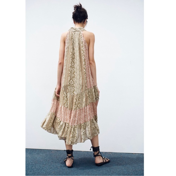 Zara Shiny Metallic Midi Dress in Red and Green Print Size Small - Picture 3 of 12